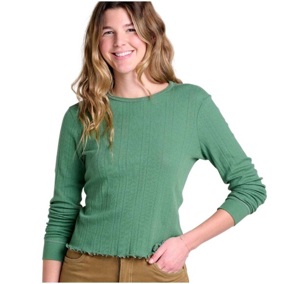 NWT Toad & Co Foothill Pointelle Long Sleeve Crew t-shirt Ivy green L large top - Picture 1 of 8